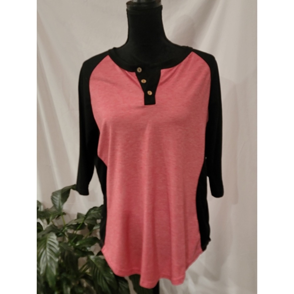 Hocosit Womens Pink‎ Black Color Block Raglan Henley Top 3/4 Sleeve Size L